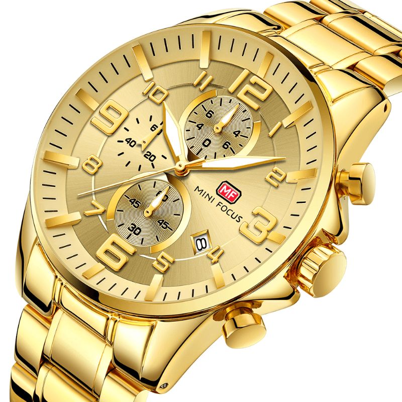 Mini Focus Mf0278G Royal Golden Stainless Steel Chronograph Business Quartz ur Herrearmbåndsur