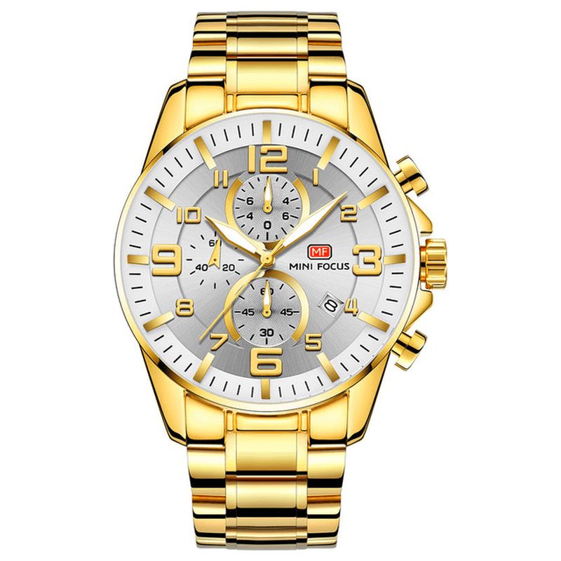 Mini Focus Mf0278G Royal Golden Stainless Steel Chronograph Business Quartz ur Herrearmbåndsur