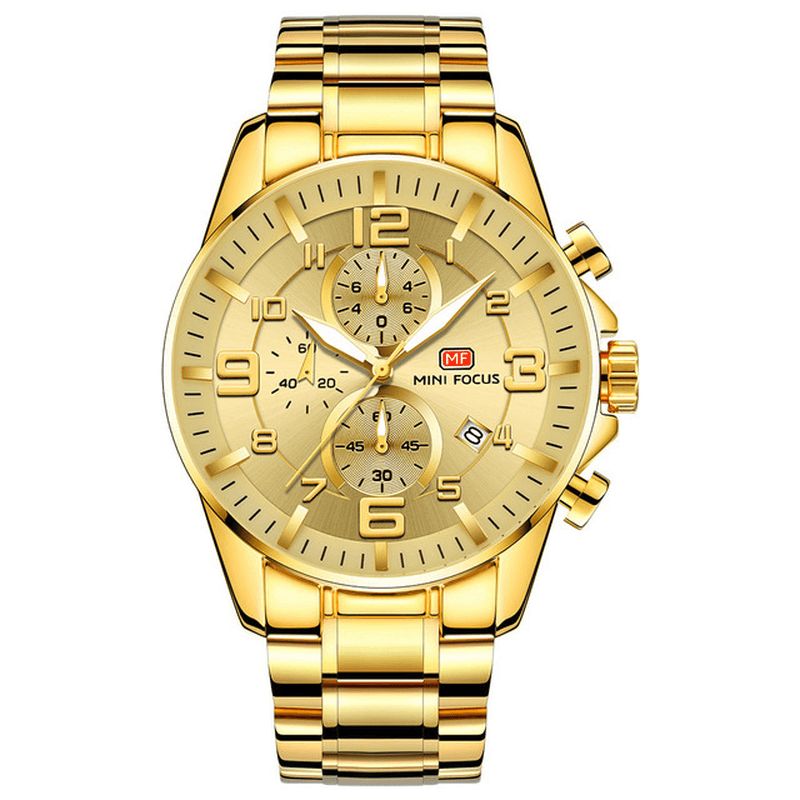 Mini Focus Mf0278G Royal Golden Stainless Steel Chronograph Business Quartz ur Herrearmbåndsur