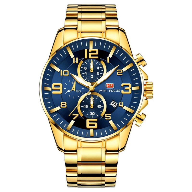 Mini Focus Mf0278G Royal Golden Stainless Steel Chronograph Business Quartz ur Herrearmbåndsur