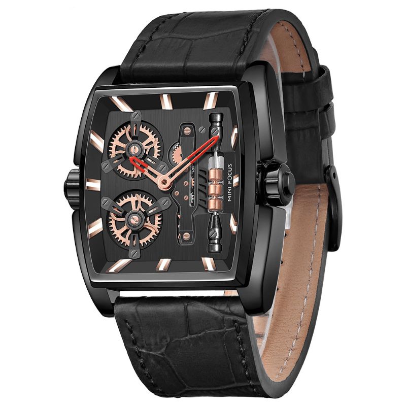 Mini Focus Mf0322G Creative Dial Rectangle Herrearmbåndsur Ægte Læderbånd Kvartsur