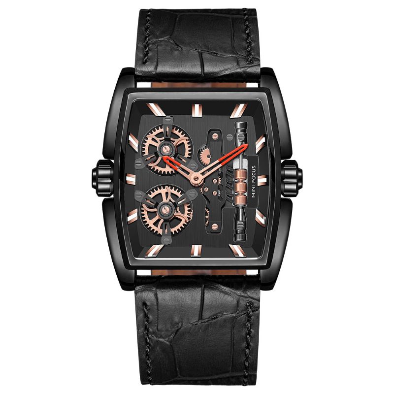 Mini Focus Mf0322G Creative Dial Rectangle Herrearmbåndsur Ægte Læderbånd Kvartsur