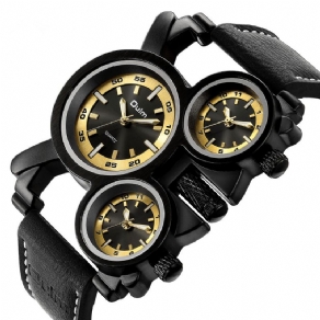 Mode Afslappet Læder Mænd Vintage Watch Dekoreret Multi-Time Zone Dial Luminous Pointers Quartz ur