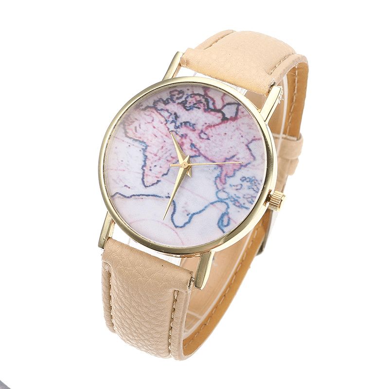 Mode Afslappet Pu Læderrem Map Dial Kvinder Armbåndsur Quartz ur