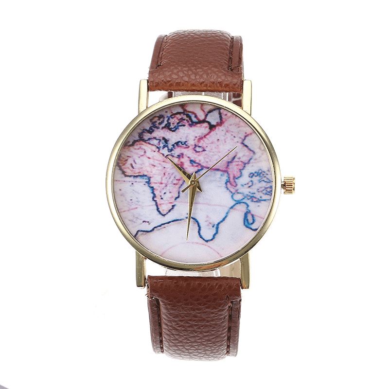 Mode Afslappet Pu Læderrem Map Dial Kvinder Armbåndsur Quartz ur