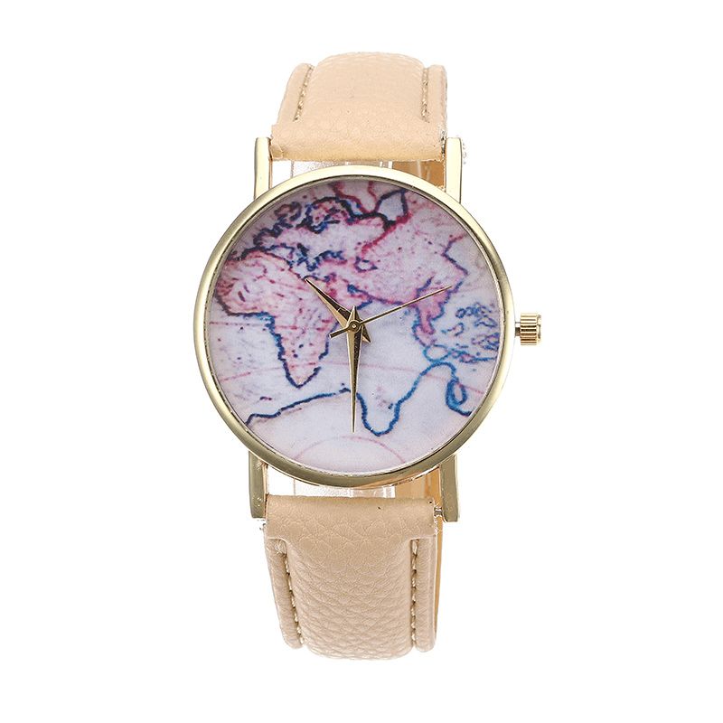 Mode Afslappet Pu Læderrem Map Dial Kvinder Armbåndsur Quartz ur