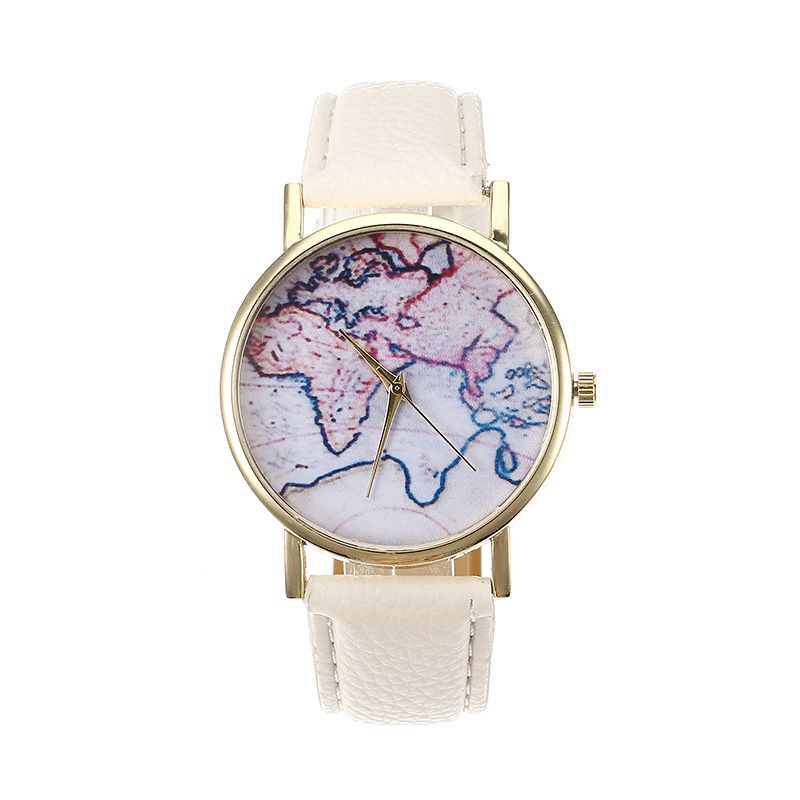 Mode Afslappet Pu Læderrem Map Dial Kvinder Armbåndsur Quartz ur