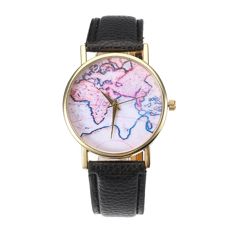 Mode Afslappet Pu Læderrem Map Dial Kvinder Armbåndsur Quartz ur