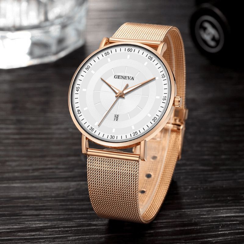 Mode Casual Alloy Lysende Pointers Business Multi-Function Mesh Strap Quartz ur