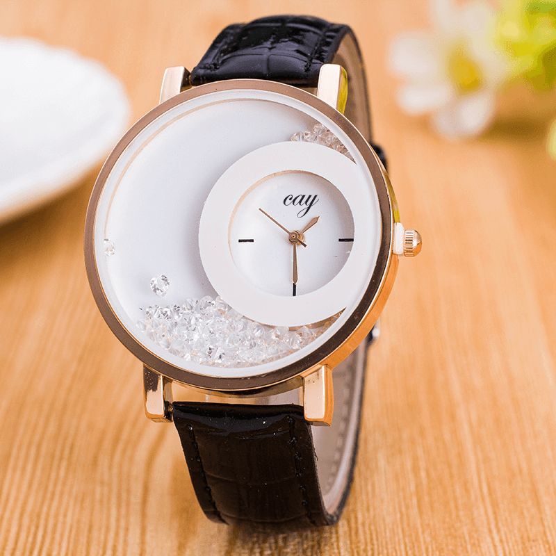 Mode Casual Kvindeur Crystal Dial Læderrem Kvinde Quartz ur