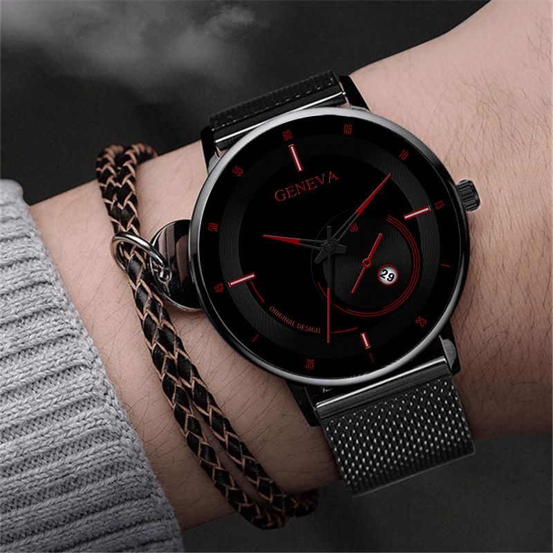 Mode Casual Legeret Stål Business Casual Mesh Bælte Kalender Mand Quartz ur