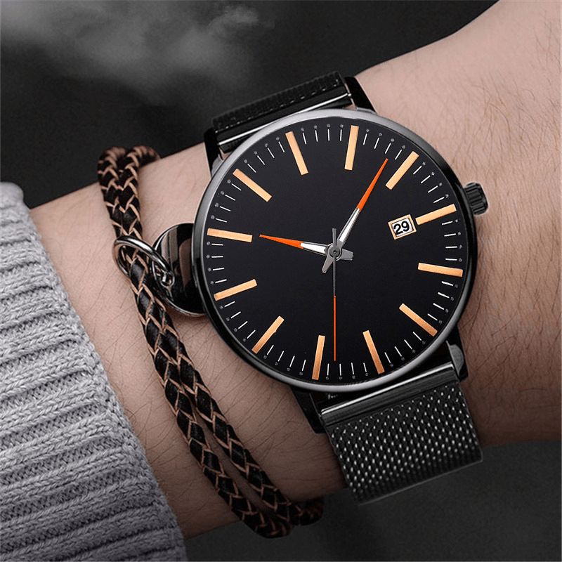 Mode Casual Mænd Business Watch Dekoreret Legering Strap Pointer Calendar Quartz ur