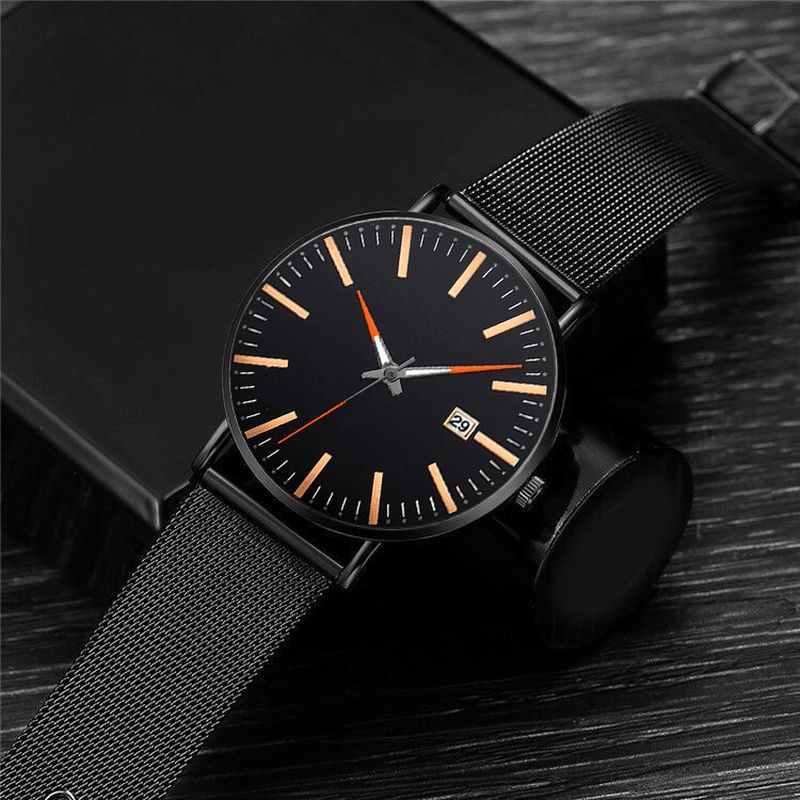 Mode Casual Mænd Business Watch Dekoreret Legering Strap Pointer Calendar Quartz ur