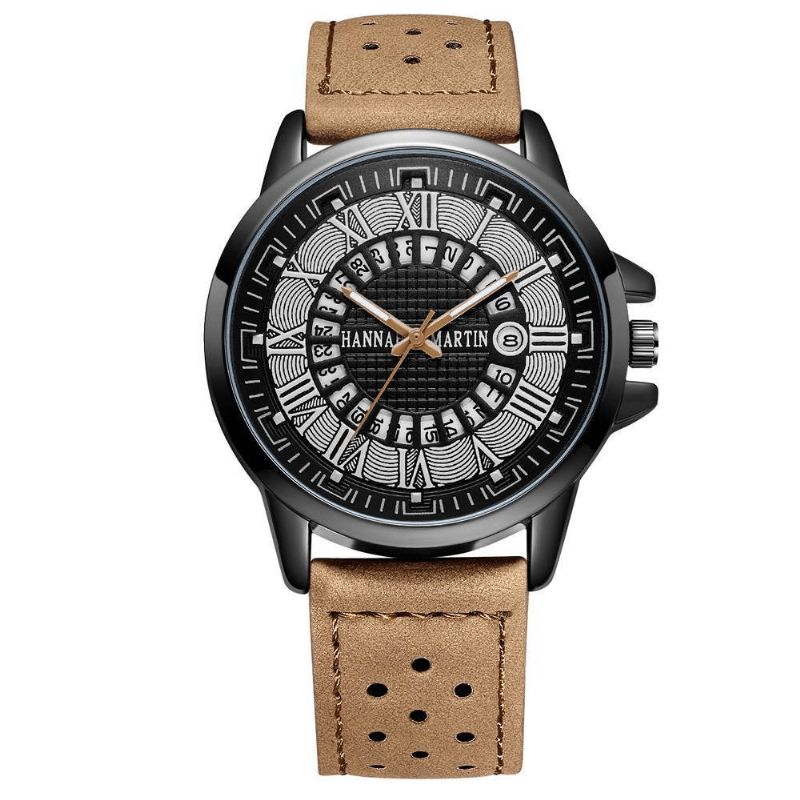 Mode Casual Romertal Creative Dial Dato Display Læderrem Mænd Quartz ur