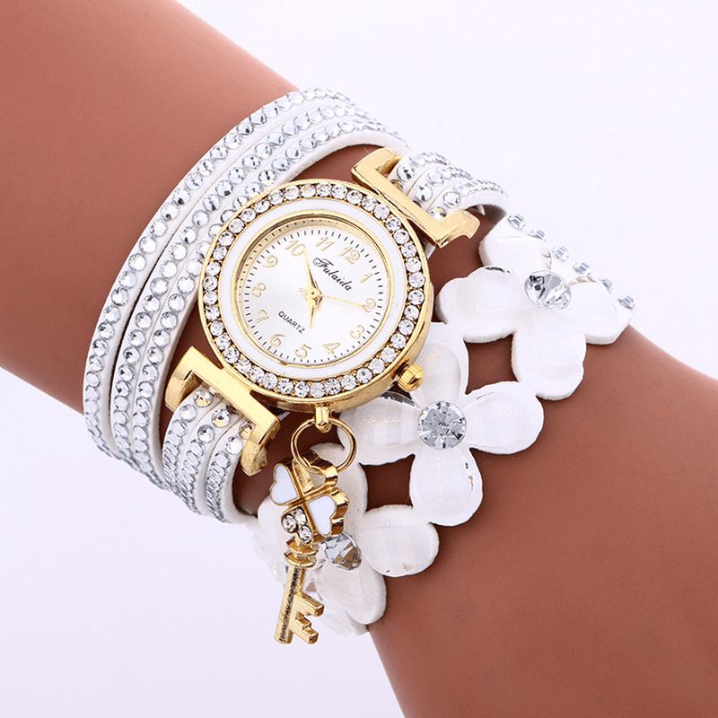 Mode Crystal Circle Armbånd Kvindeur Simple Dial Flowear Mønstre Quartz ur