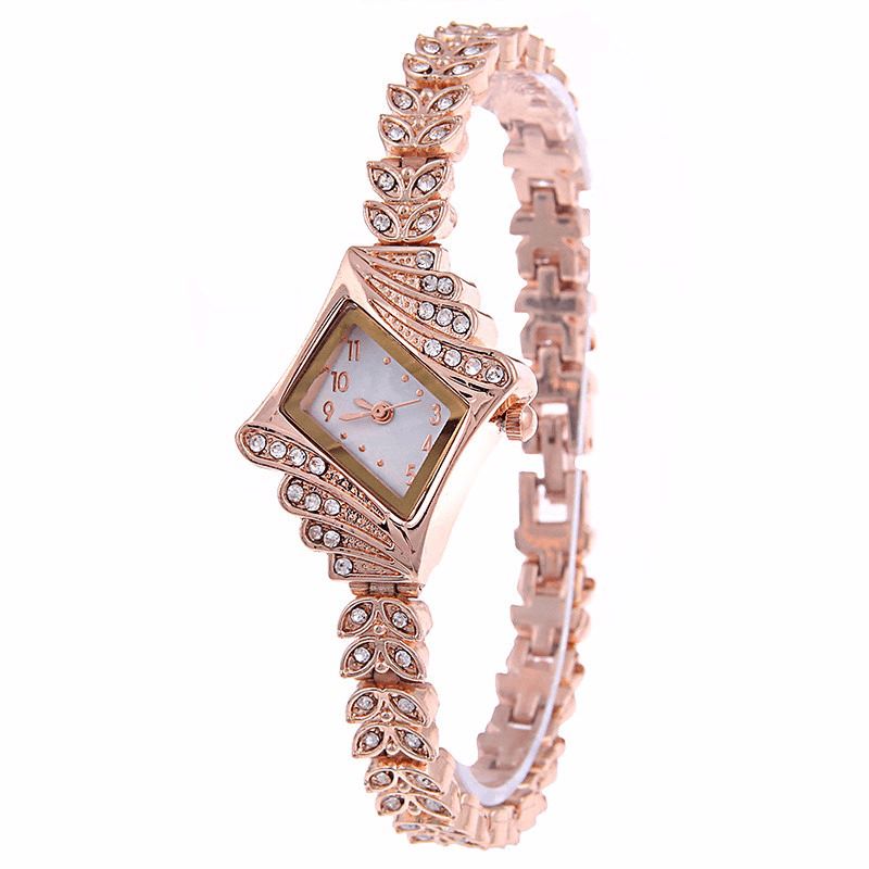 Mode Dame Dress Watch Diamond Shape Crystal Leaf Kvinder Armbånd Quartz ur