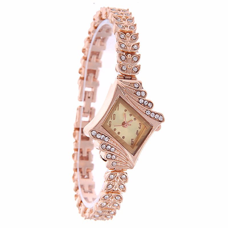 Mode Dame Dress Watch Diamond Shape Crystal Leaf Kvinder Armbånd Quartz ur