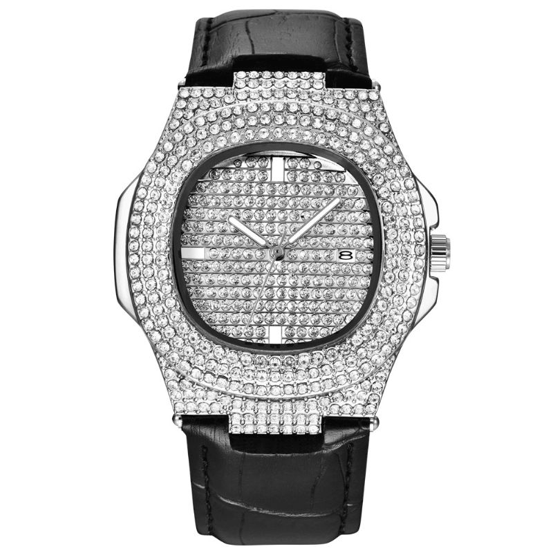 Mode Elegant Alloy Pu Læder Mænd Vintage Diamond Watch Bælte Quartz ur