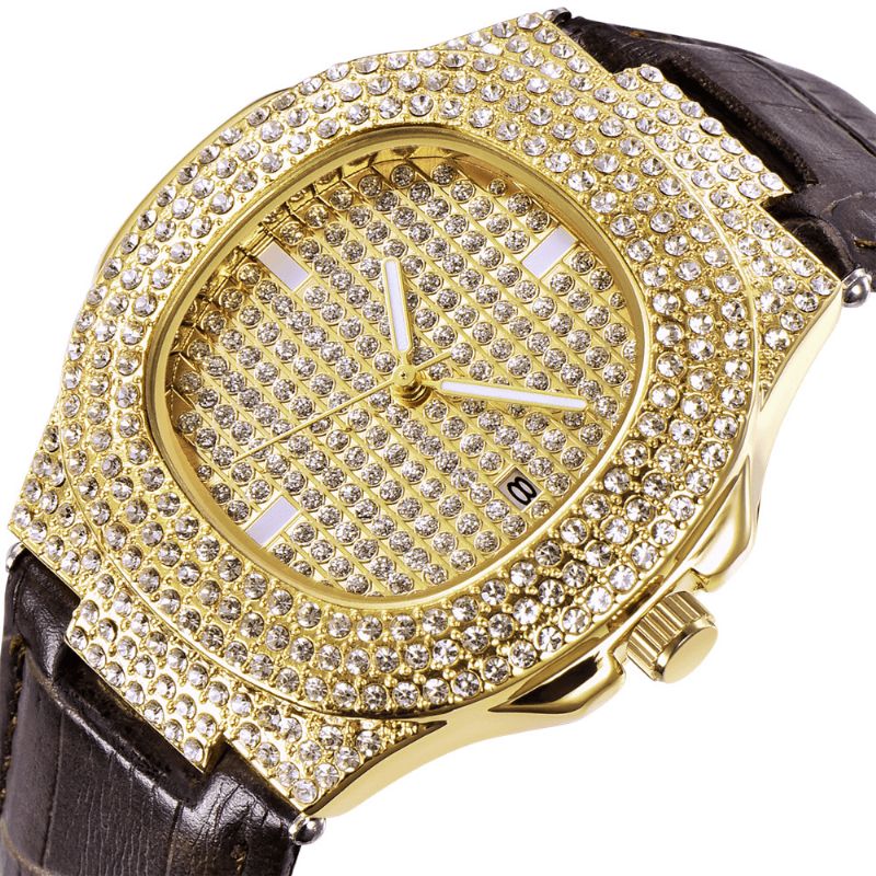 Mode Elegant Alloy Pu Læder Mænd Vintage Diamond Watch Bælte Quartz ur