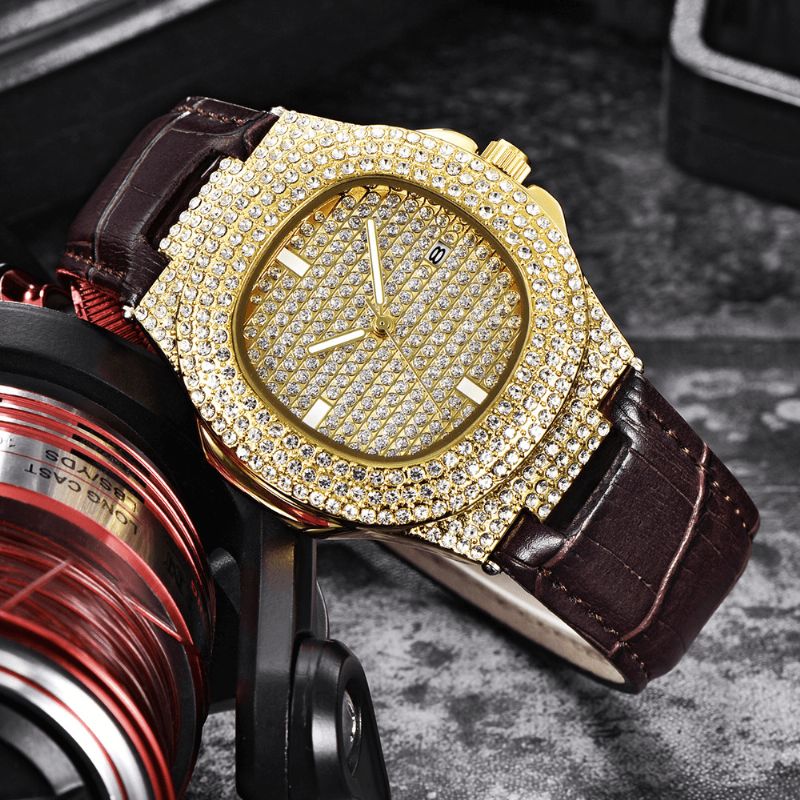 Mode Elegant Alloy Pu Læder Mænd Vintage Diamond Watch Bælte Quartz ur