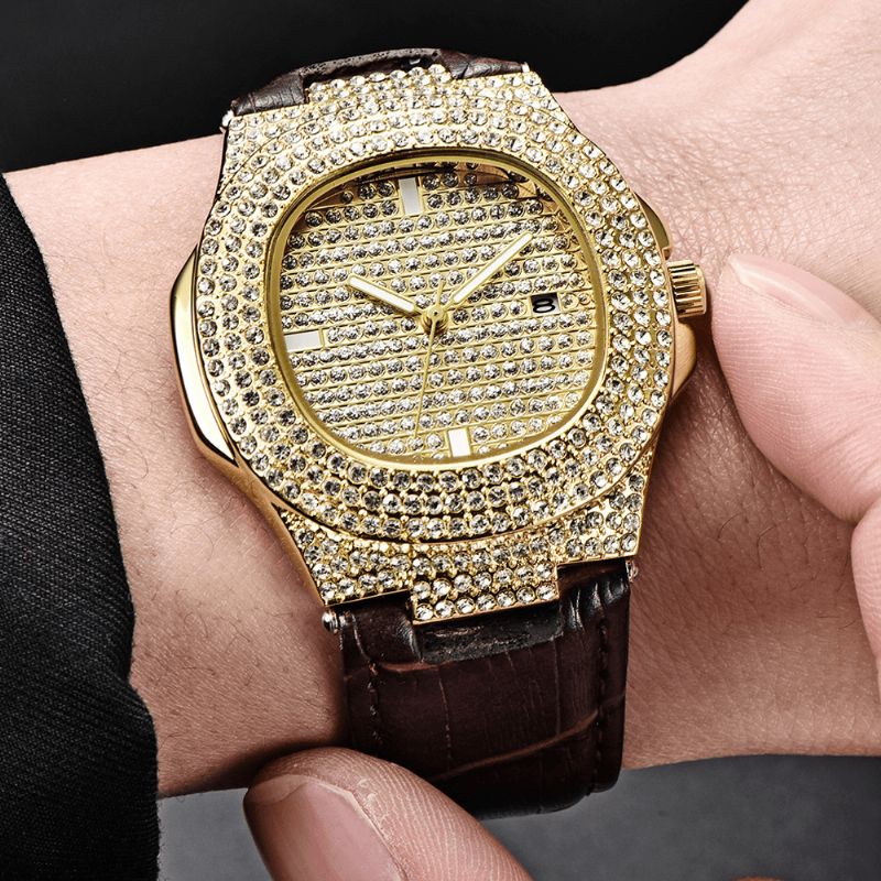 Mode Elegant Alloy Pu Læder Mænd Vintage Diamond Watch Bælte Quartz ur