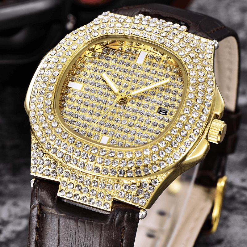 Mode Elegant Alloy Pu Læder Mænd Vintage Diamond Watch Bælte Quartz ur