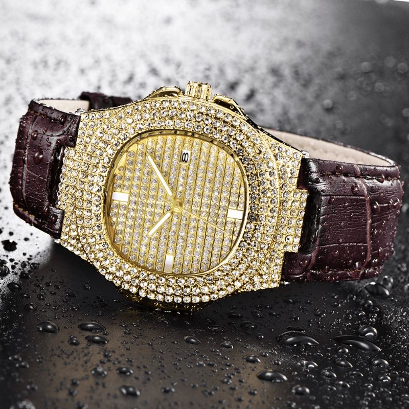 Mode Elegant Alloy Pu Læder Mænd Vintage Diamond Watch Bælte Quartz ur