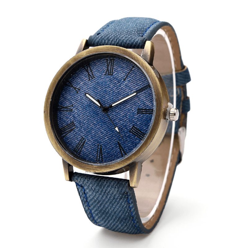 Mode Farverig Rem Denim Pu-Rem Casual Dial Mænd Kvindeur Quartz ur