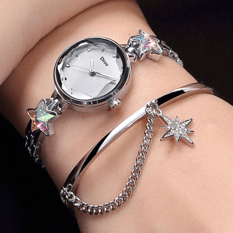 Mode Luksus Elegant Crystal Lucky Star Mønster Dame Armbånd Armbåndsure Quartz ur