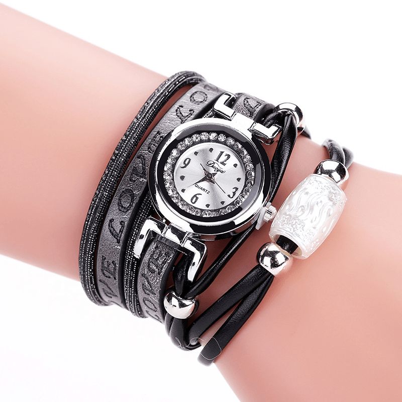 Mode Luksus Rhinestone Pu Læder Kvinder Quartz ur Armbåndsur