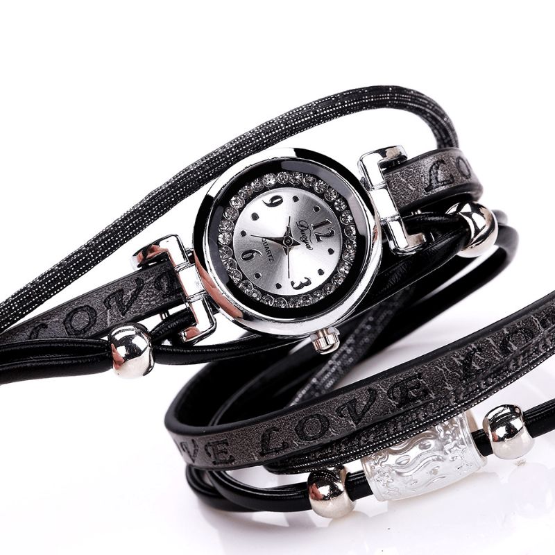 Mode Luksus Rhinestone Pu Læder Kvinder Quartz ur Armbåndsur