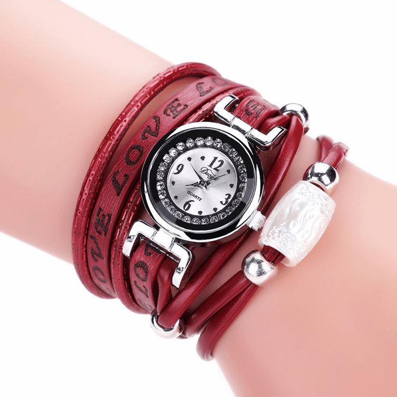 Mode Luksus Rhinestone Pu Læder Kvinder Quartz ur Armbåndsur