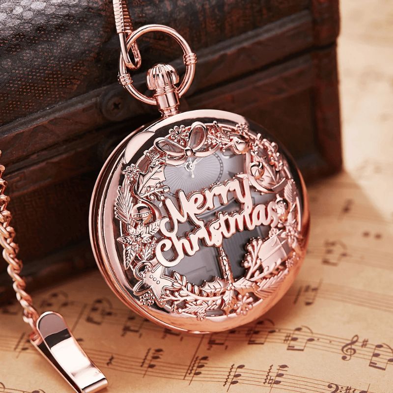 Mode Merry Christmas Word Music Box Musikafspiller Lommeur Metal Vintage Quartz ur