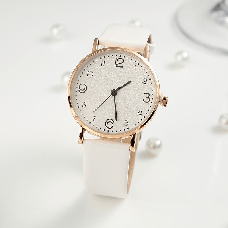 Mode Simle Dial Big Number Casual Style Læderrem Dame Watch Quartz ur