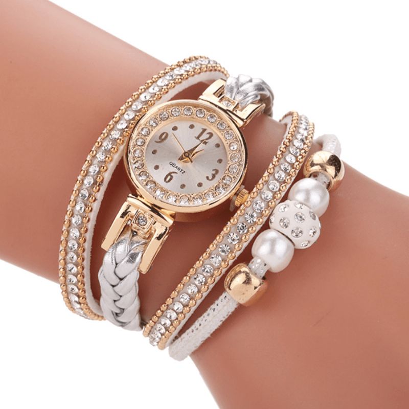 Mode Style Kvinder Pearl Braided Alloy Kvinder Armbåndsur Laides Dress Quartz ur Armbånd