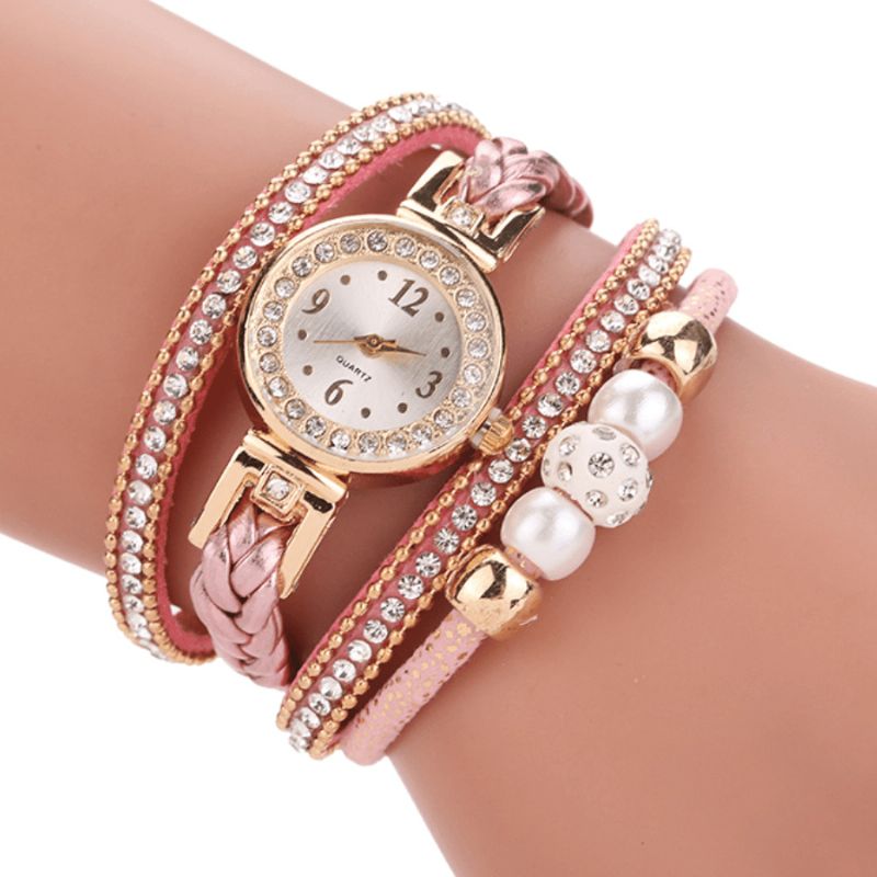 Mode Style Kvinder Pearl Braided Alloy Kvinder Armbåndsur Laides Dress Quartz ur Armbånd