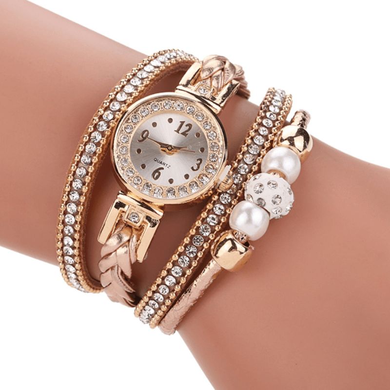 Mode Style Kvinder Pearl Braided Alloy Kvinder Armbåndsur Laides Dress Quartz ur Armbånd