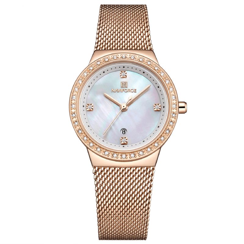 Naviforce 5005 Diamonds Casual Style Dame-Armbåndsur Mesh Stål Dato Display Quartz ur