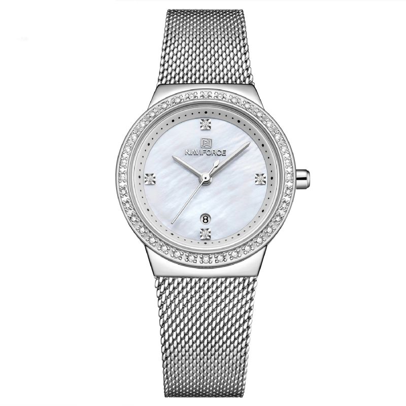 Naviforce 5005 Diamonds Casual Style Dame-Armbåndsur Mesh Stål Dato Display Quartz ur