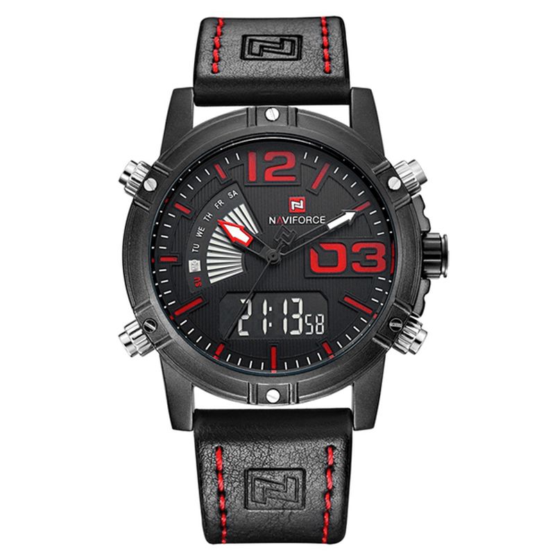 Naviforce 9095 Mode Sports Mænd Ur Casual Læderbånd Sport Dual Movement Armbåndsur