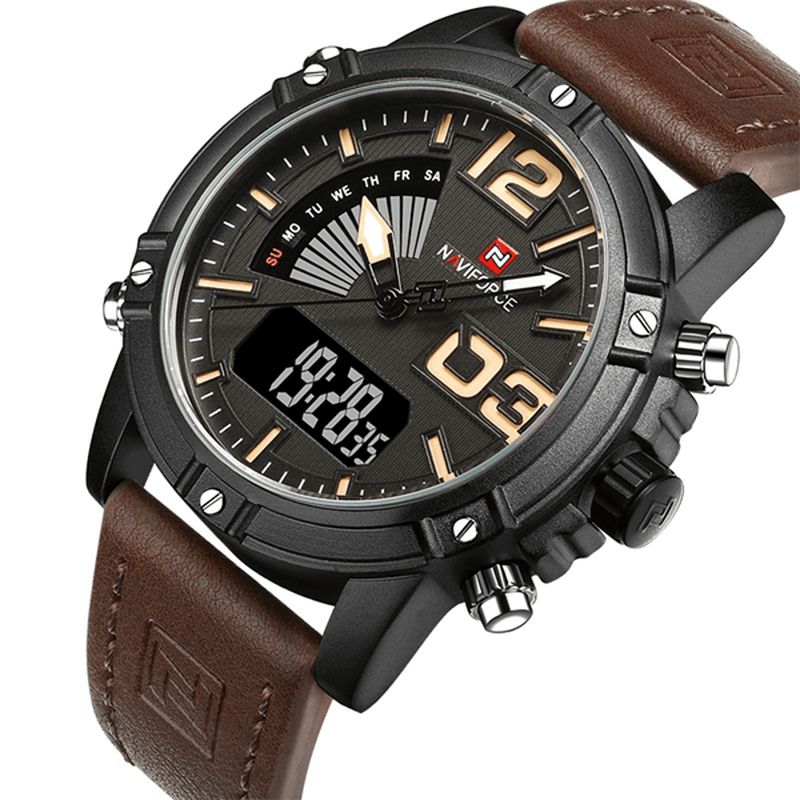 Naviforce 9095 Mode Sports Mænd Ur Casual Læderbånd Sport Dual Movement Armbåndsur