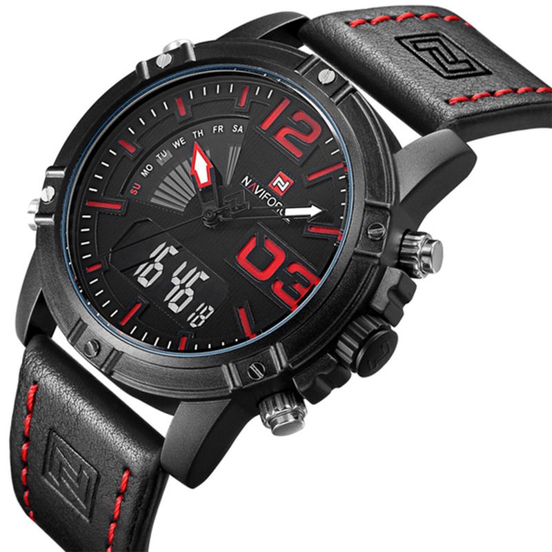 Naviforce 9095 Mode Sports Mænd Ur Casual Læderbånd Sport Dual Movement Armbåndsur