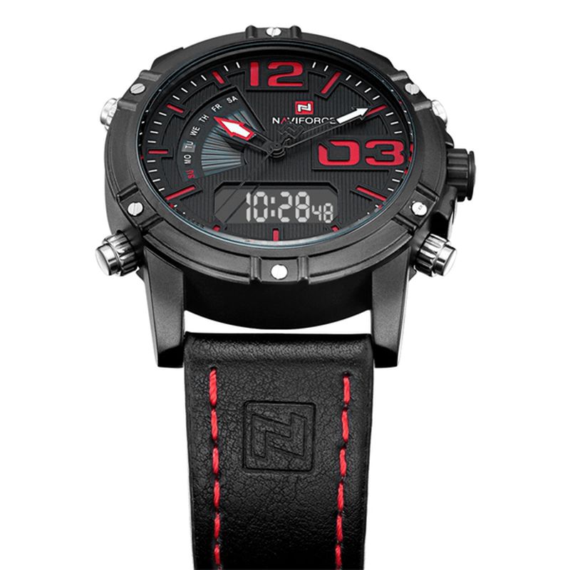 Naviforce 9095 Mode Sports Mænd Ur Casual Læderbånd Sport Dual Movement Armbåndsur