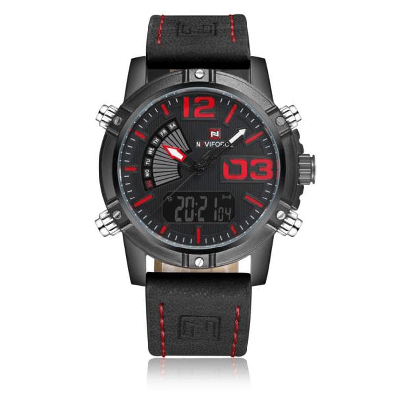 Naviforce 9095 Mode Sports Mænd Ur Casual Læderbånd Sport Dual Movement Armbåndsur