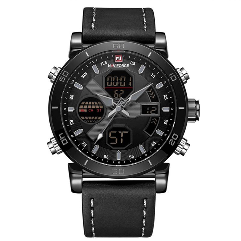 Naviforce 9132 Dual Display Digital Watch Herre Luminous Calendar Ur Læderrem Ur