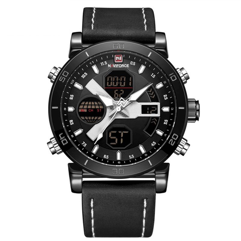 Naviforce 9132 Dual Display Digital Watch Herre Luminous Calendar Ur Læderrem Ur