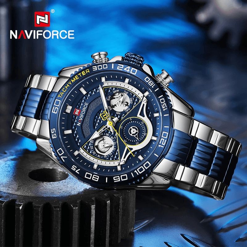 Naviforce 9185 Luminous Display Calendar Fuldt Steel Quartz ur Moderigtige Vandtætte Herreure