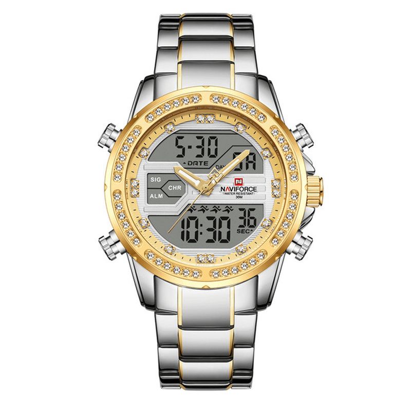 Naviforce 9190 Crystal Full Steel Band Dual Display Watch Calendar Alarm Herrearmbåndsur