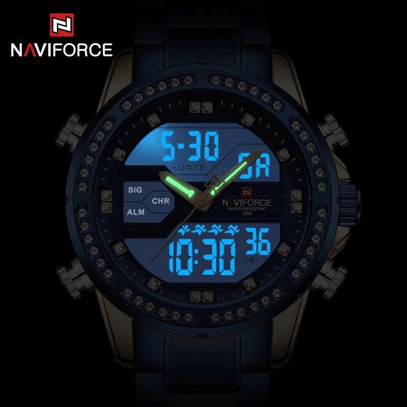 Naviforce 9190 Crystal Full Steel Band Dual Display Watch Calendar Alarm Herrearmbåndsur