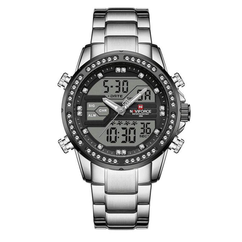 Naviforce 9190 Crystal Full Steel Band Dual Display Watch Calendar Alarm Herrearmbåndsur